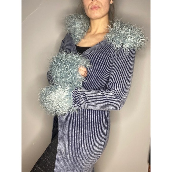 VINTAGE Blue ribbed Penny Lane Fuzzy Y2K Coat Medium - Picture 3 of 10